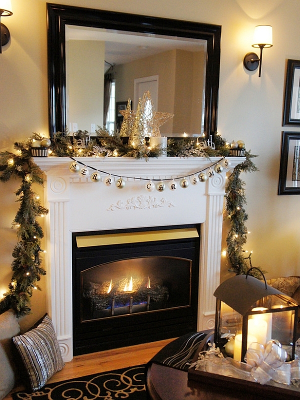 Smartly decorated Christmas mantel in green and white