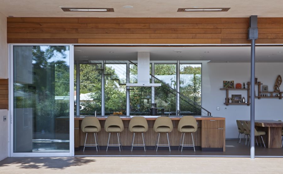 Spacious kitchen and dining room with large sliding glass doors