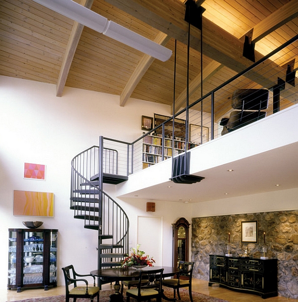 Spiral staircase leads to the top level