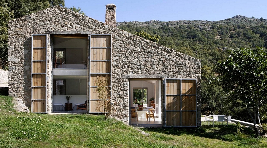 Stone exterior of the renovated rustic house