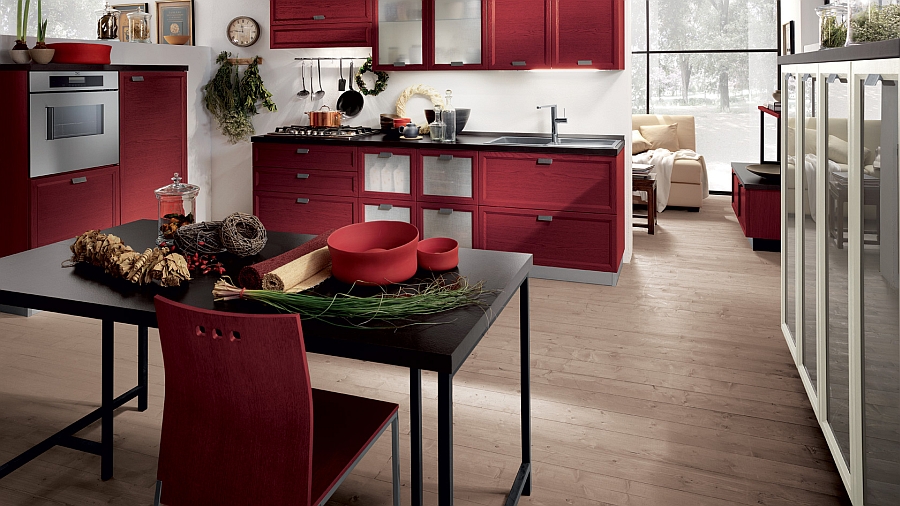 Stunning kitchen in red oak shelves and black laminate tops