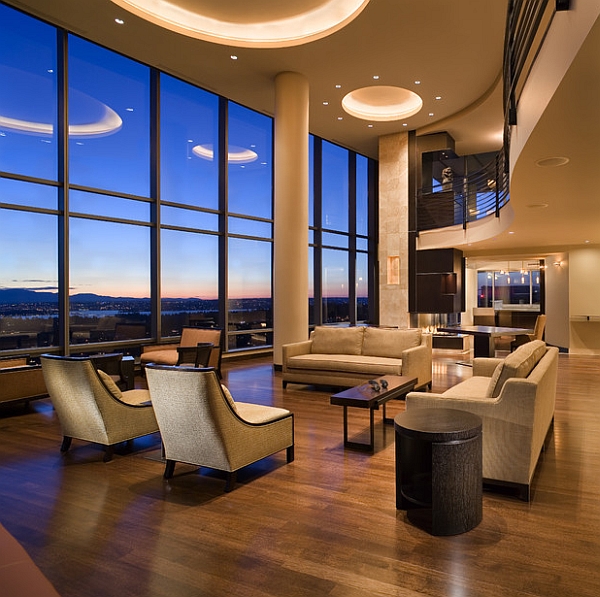 Stunning living room with a curvaceous mezzanine