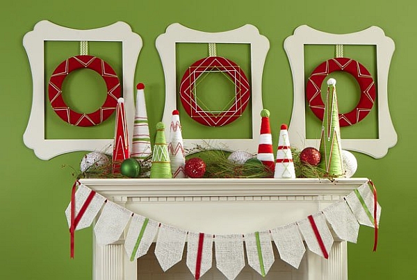 Stylish Christmas mantel with homemade wreaths above it!