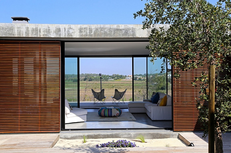 Stylish glass doors coupled with wooden textures