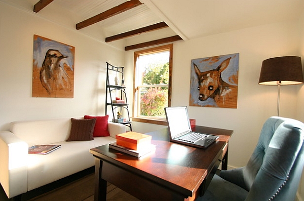 Stylish home office with ladder shelf in the corner