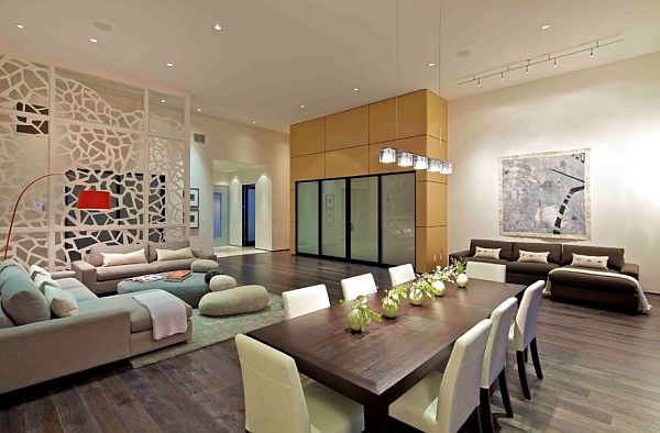 Stylish way to organize open floor plan living space with glass dividers