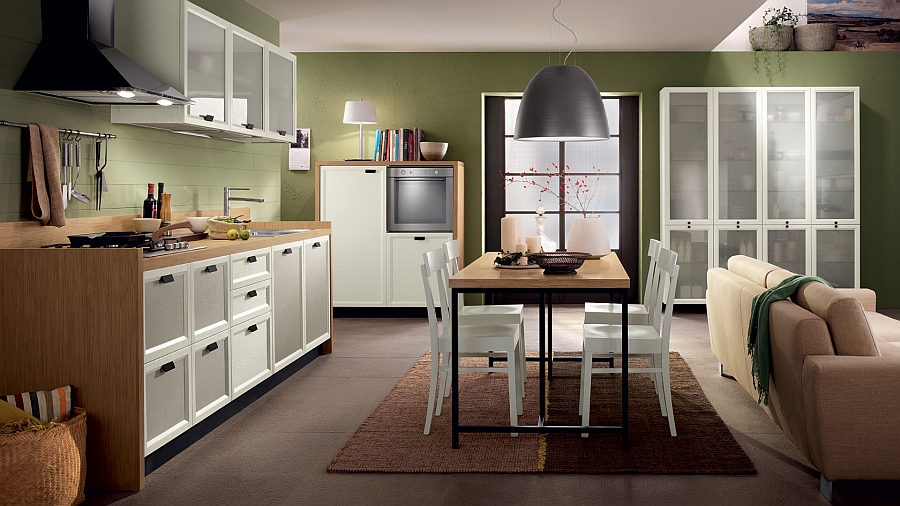 Transluscent cabinets with oak framing serve both kitchen and living room