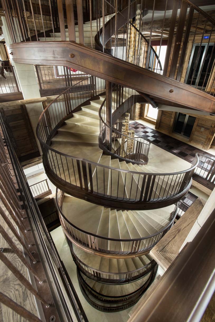 View of the spectacular sweeping spiral staircase