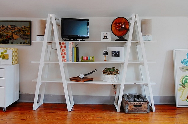 Vintage ladder bookshelf unit in white