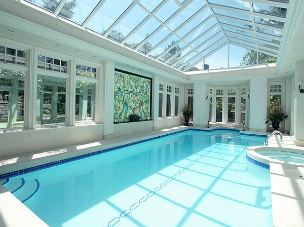 White and blue seem like a perfect combination for the indoor pool