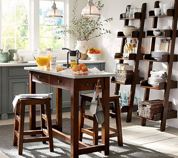 Wooden ladder shelves in the modern kitchen