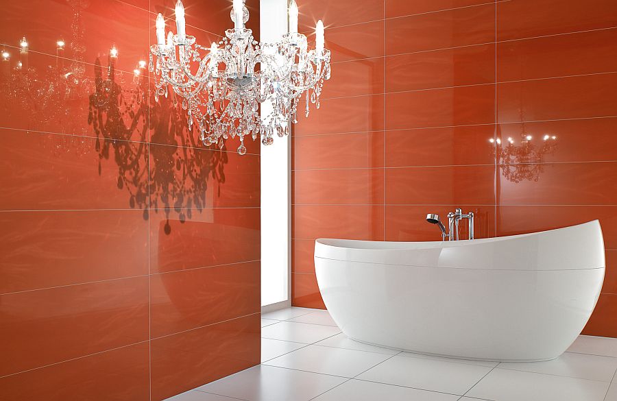 beautiful white bathtub in a red bathroom