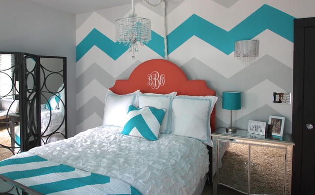 Painted blue, white and grey chevron wall