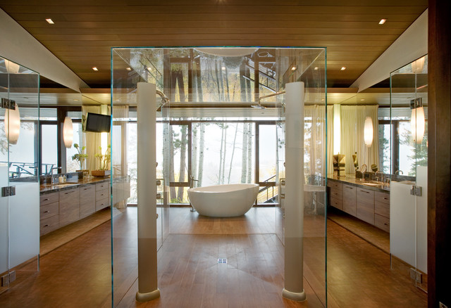 contemporary his and hers bathroom