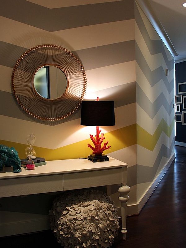 eclectic entryway design with chevron stripes wall