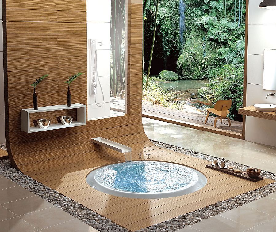 floor encased bathtub with bamboo