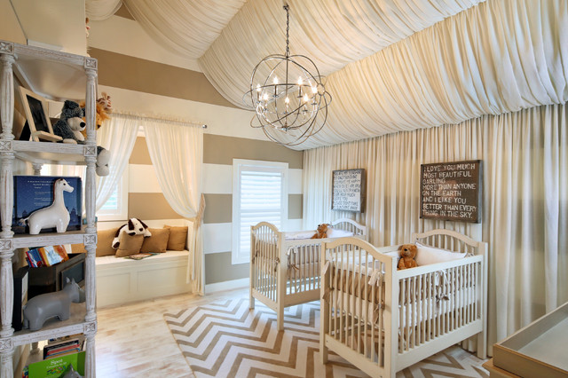 white and beige chevron wall in kids room