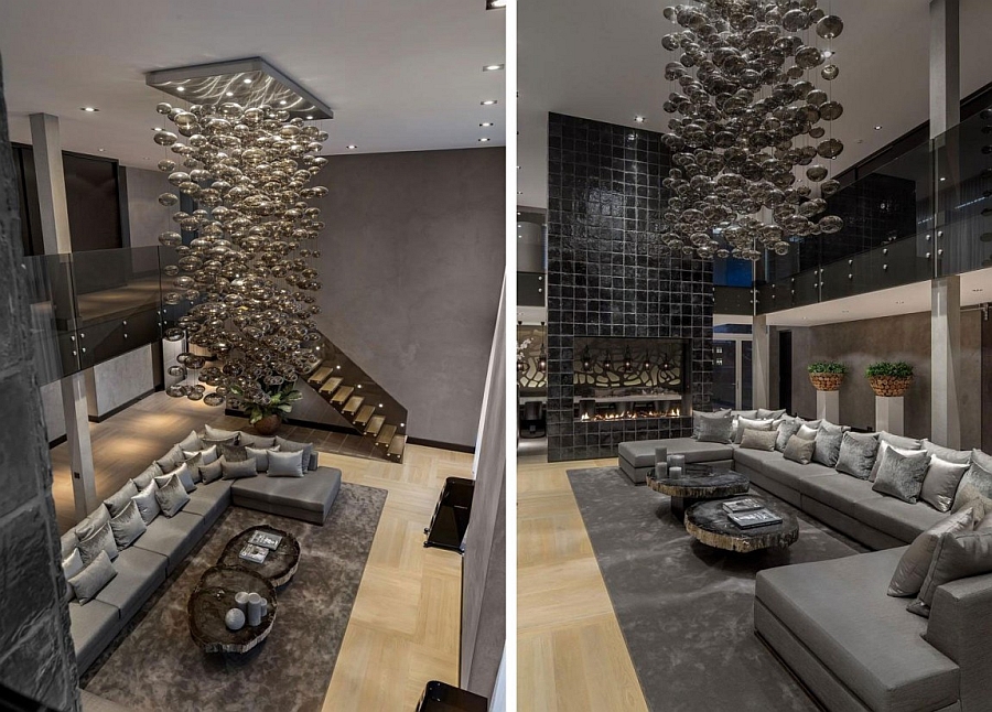 Amazing staggered chandelier in the living room