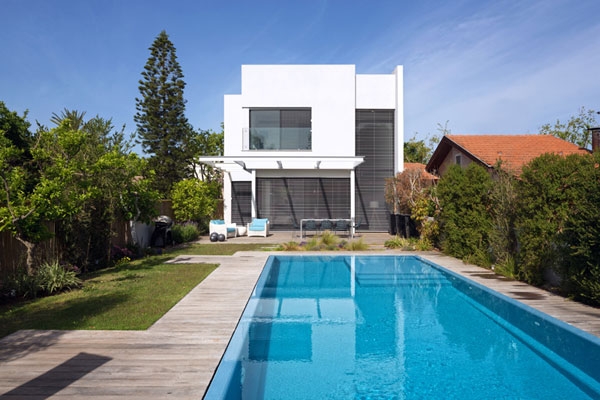 Backyard of the contemporary house in white