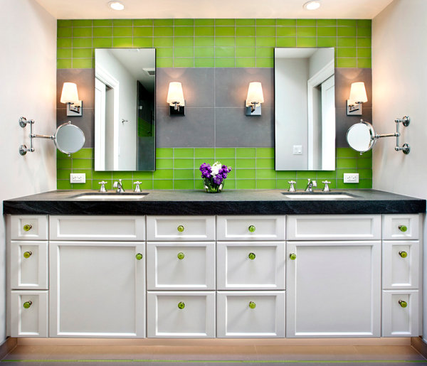 Bathroom cabinets with colorful hardware