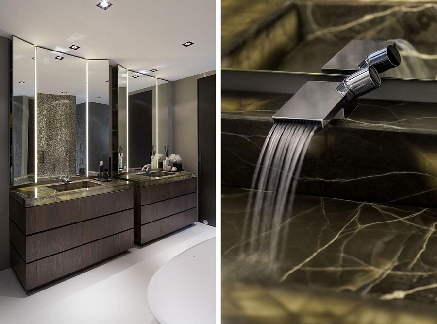 Bathroom with twin lit sinks in black onyx and spa like ambiance