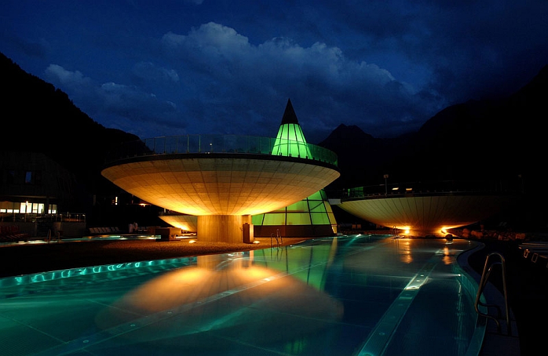 Brilliant pools illuminated at night