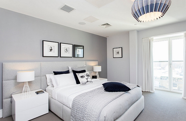 Combination of light grey, white and blue for the bedroom