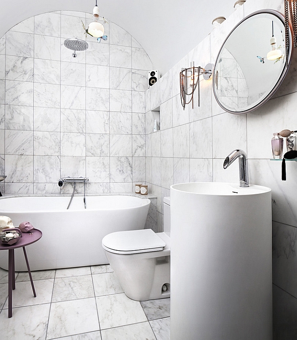 Contemporary bathroom in white with purple accents