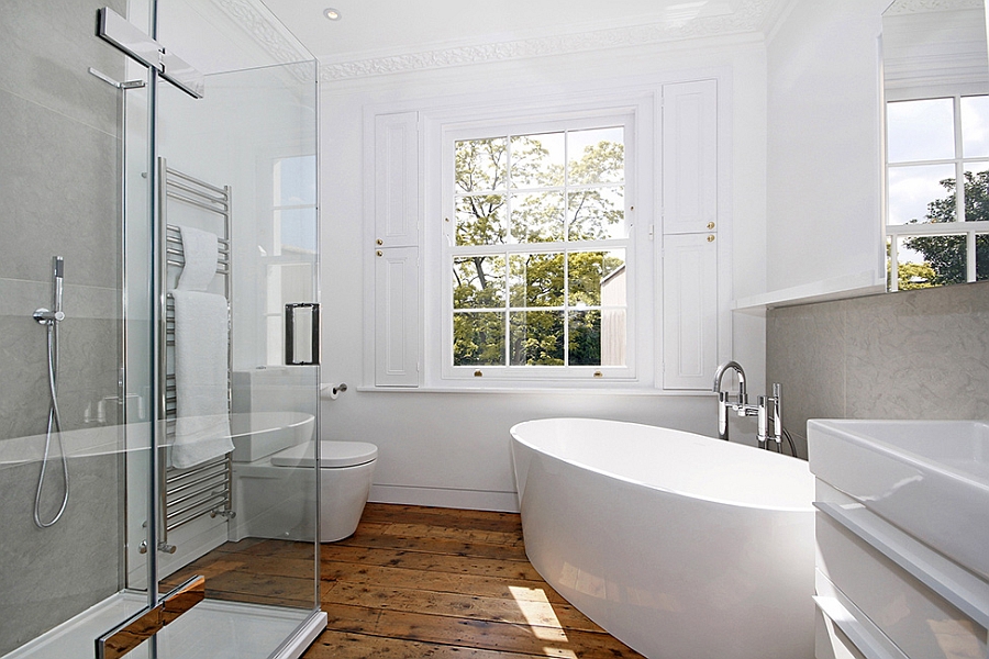 Contemporary bathroom in white with standalone tub