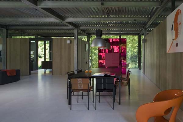 Dining table with large pendants above it