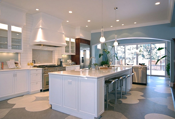 Exquisite modern kitchen in white with energy-saving lighting installations