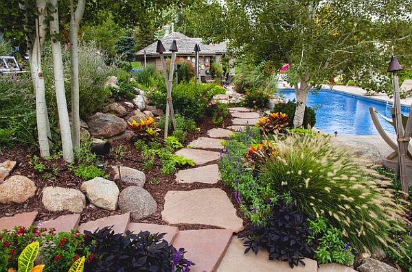 Fabulous garden pathway lined with Tiki torches