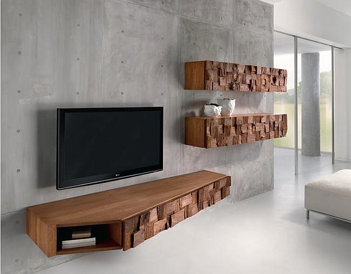 Floating wooden cabinets with random oak blocks