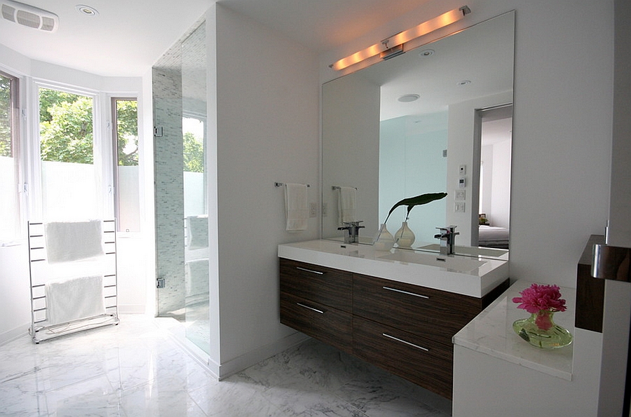 Floating wooden vanity in the bathroom