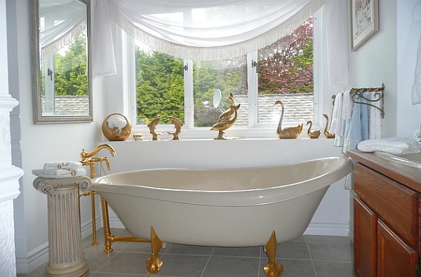 French flair and golden accents define this lavish bath space