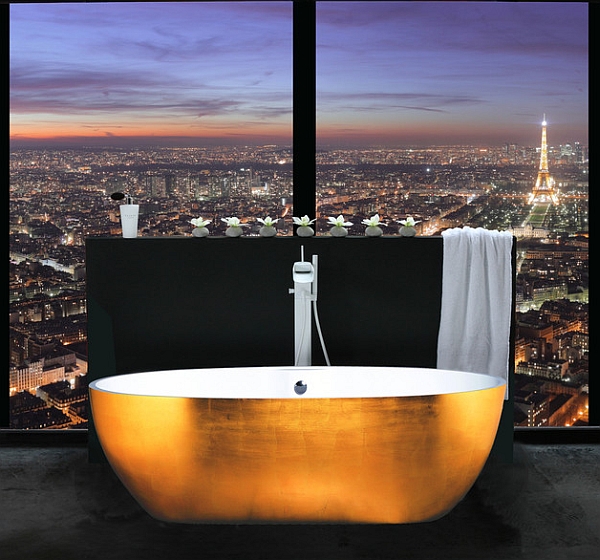 Gold leaf clad freestanding bathtub and a view to match its opulence!