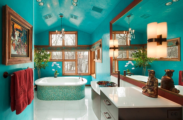 Gorgeous freestanding bathtub accentuates the color scheme of the bathroom