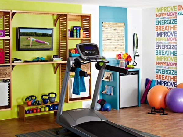 Home gym with wall decals