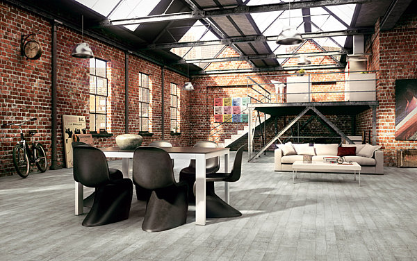 Industrial design style dining room in a warehouse apartment