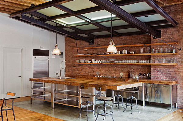 Industrial interior design kitchen with vintage-style seating