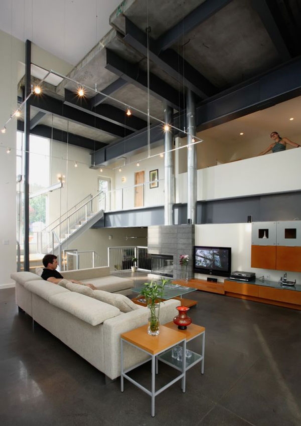 Interior with exposed metal beams offers a touch of industrial style