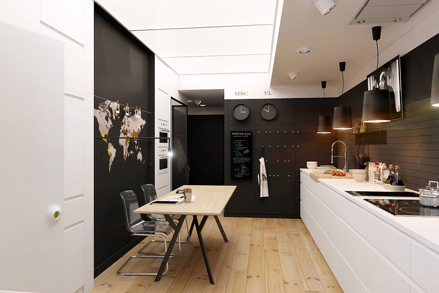 Kitchen and dining area in black and white