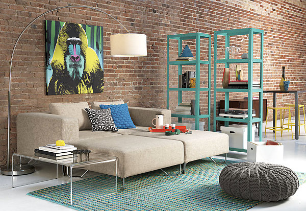 Living room with aqua bookcases
