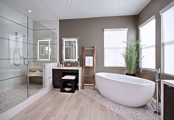 Lovely master bath embraces an organic Japanese look