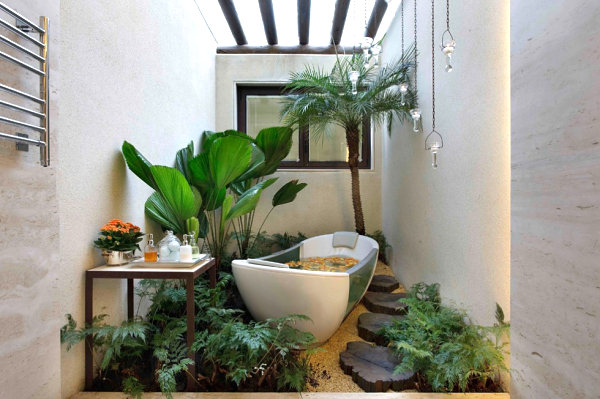 Lush bathroom filled with natural beauty