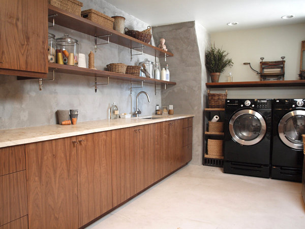 Modern laundry room with earthy accents