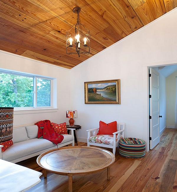 Modern living room with wooden ceiling