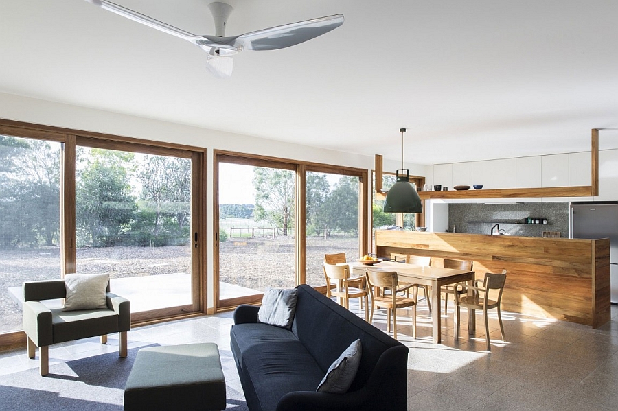 Open floor plan living area in neutral colors