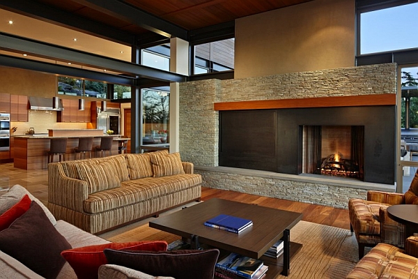 Open plan living area with modern fireplace