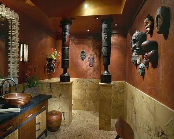 Pacific Island masks along with a pair of African drums in the powder room!